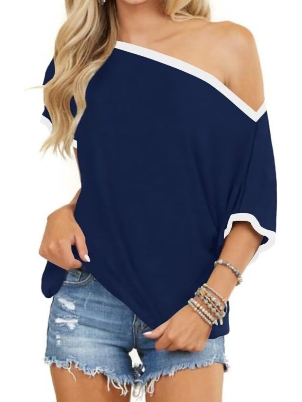 Women's Navy Blue Off Shoulder Slouchy Boat Neck Short Sleeve Tunic Top